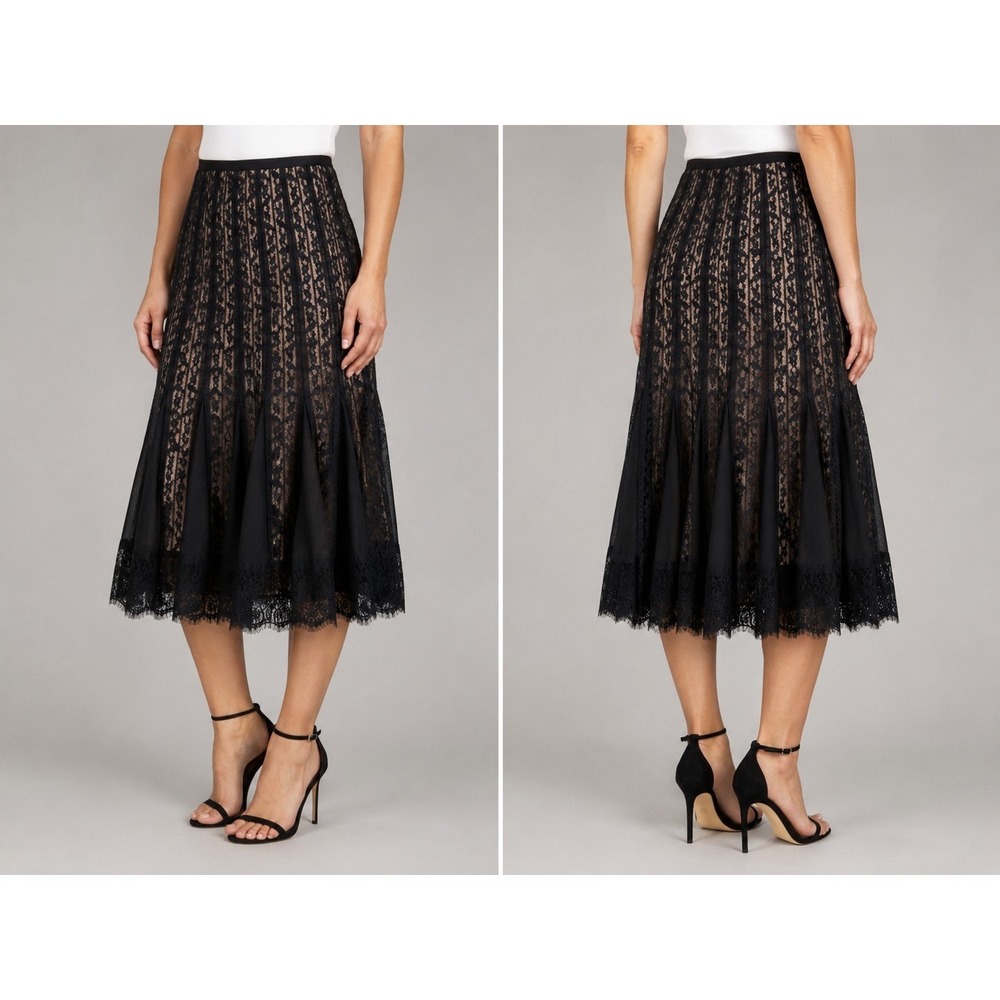 Ann Taylor LOFT Lace Midi Skirt Women's Size 8 Black Nude A-Line Lined Elegant